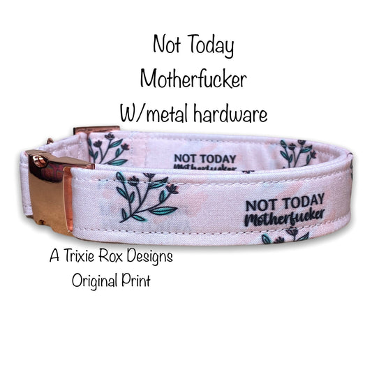 Not today motherfucker dog collar, funny dog collar, obscene, metal hardware, side release, adjustable, washable, eco friendly, fuck, blush
