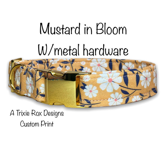 Mustard floral dog collar, flower collar, mustard yellow, adjustable collar, side release, metal hardware, washable, eco friendly, fabric