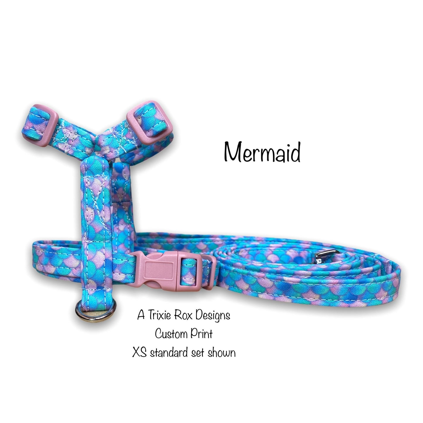 Mermaid dog harness and leash set, step in harness, standard Roman harness, adjustable, washable, eco friendly, mermaid scales, pink, purple
