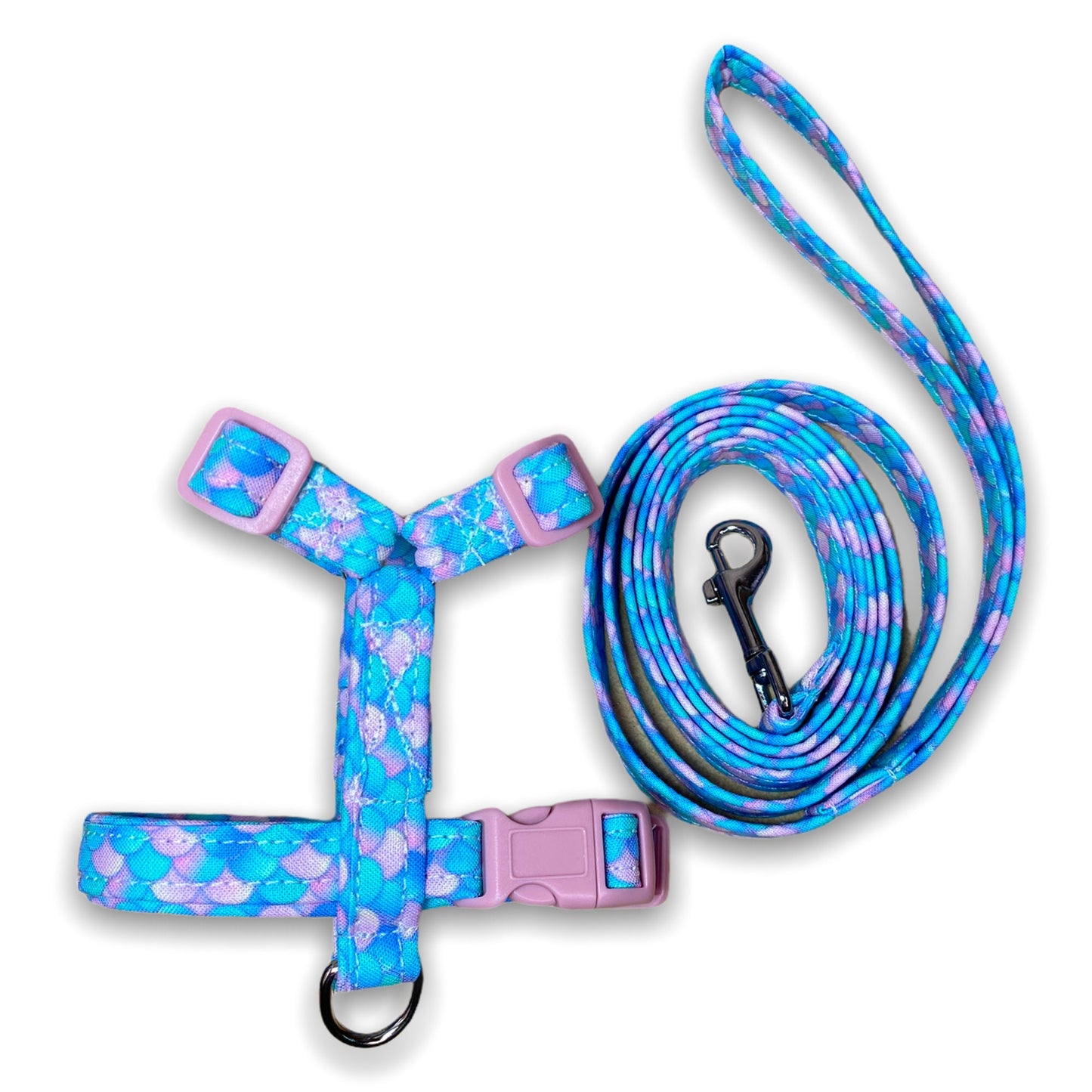 Mermaid dog harness and leash set, step in harness, standard Roman harness, adjustable, washable, eco friendly, mermaid scales, pink, purple