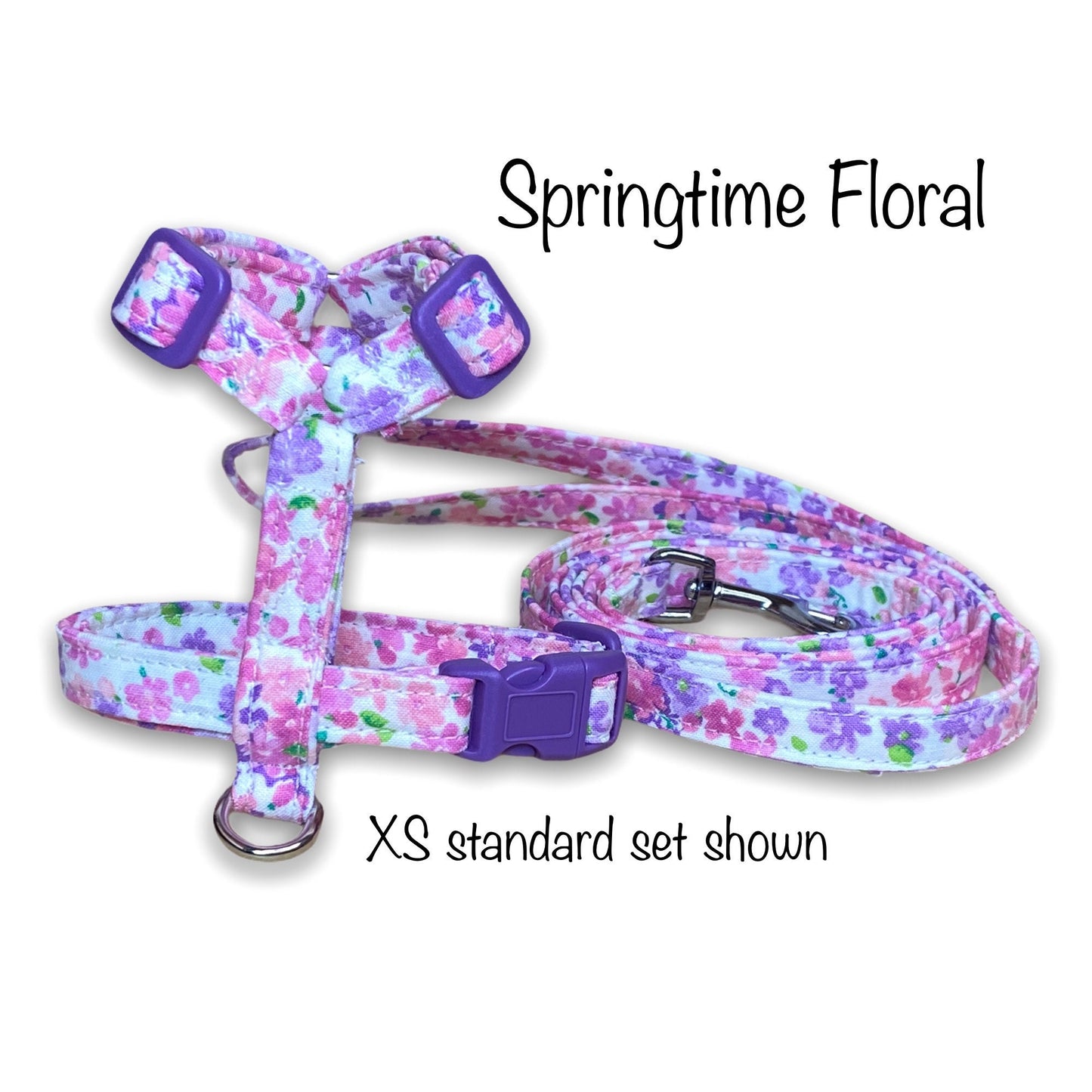 Floral dog harness and leash set, standard Roman harness, step in harness, pink, purple, adjustable dog harness, washable, girl, female