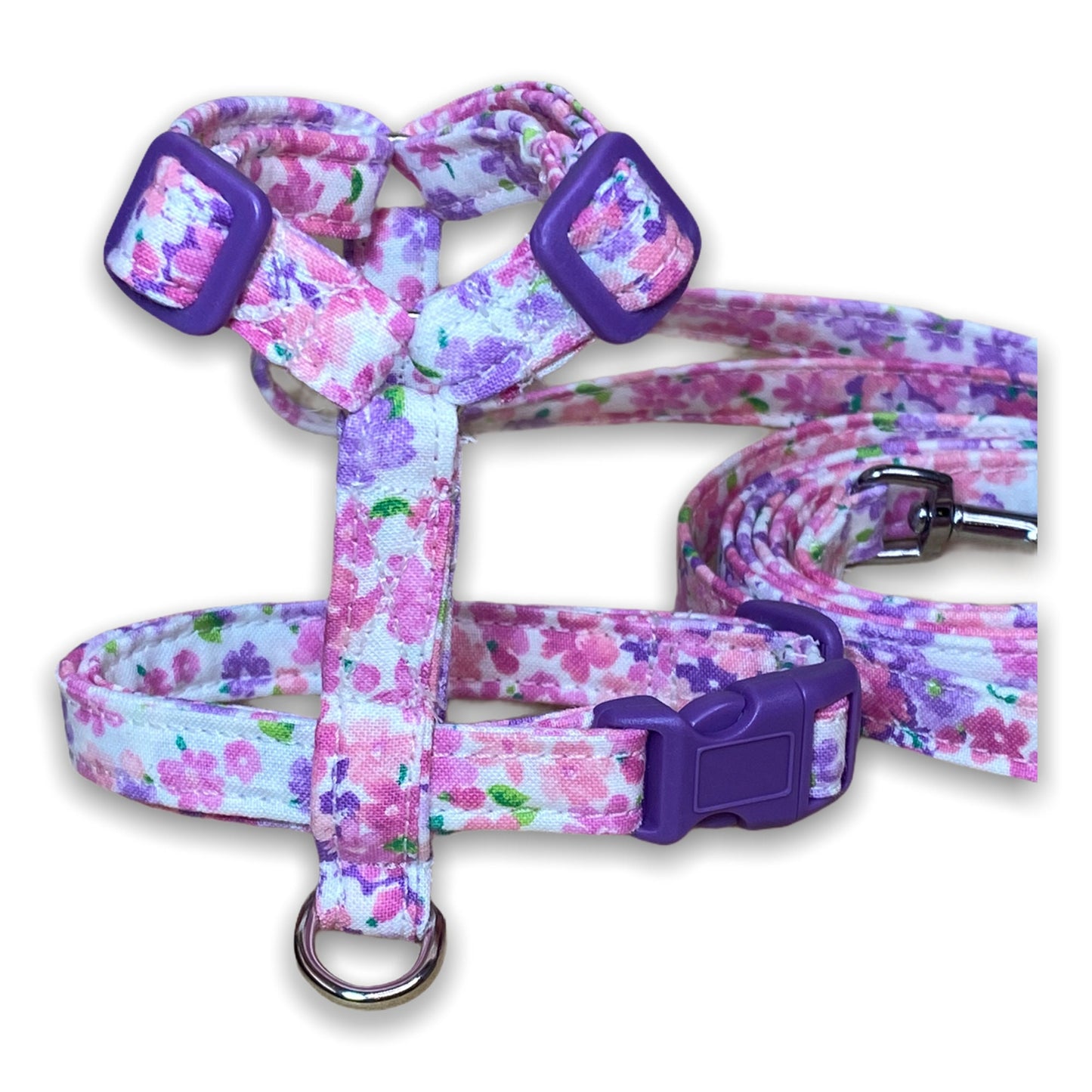 Floral dog harness and leash set, standard Roman harness, step in harness, pink, purple, adjustable dog harness, washable, girl, female