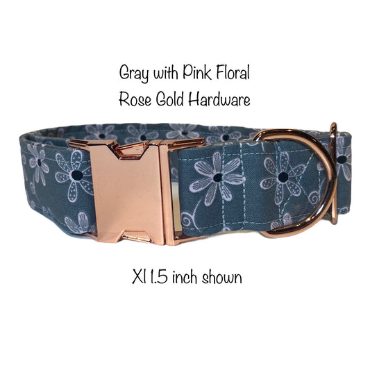 Gray floral dog collar, rose gold hardware, rose gold dog collar, side release dog collar, adjustable dog collar, washable dog collar, gray