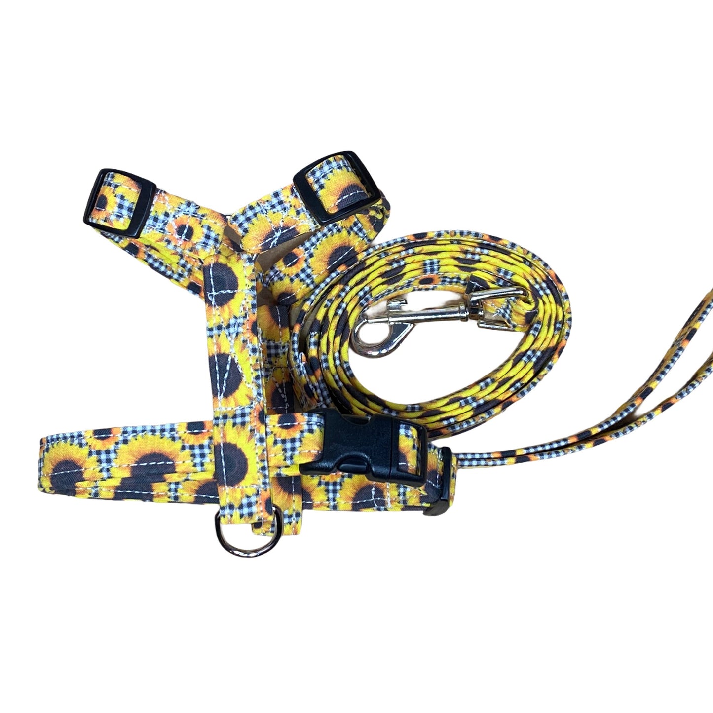 Sunflower and buffalo plaid dog harness and leash set, standard Roman harness, step in harness, adjustable, washable, fabric, sunflower, dog