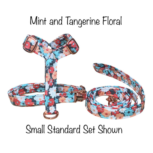 Floral Dog harness, Harness and leash, step in harness, standard harness, dog harness set, rose gold, rose gold hardware, mint, tangerine