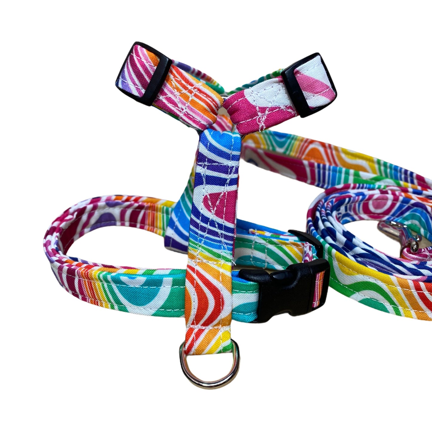 Psychedelic dog harness and leash set, standard Roman dog harness, step in dog harness, matching leash, rainbow, adjustable dog harness