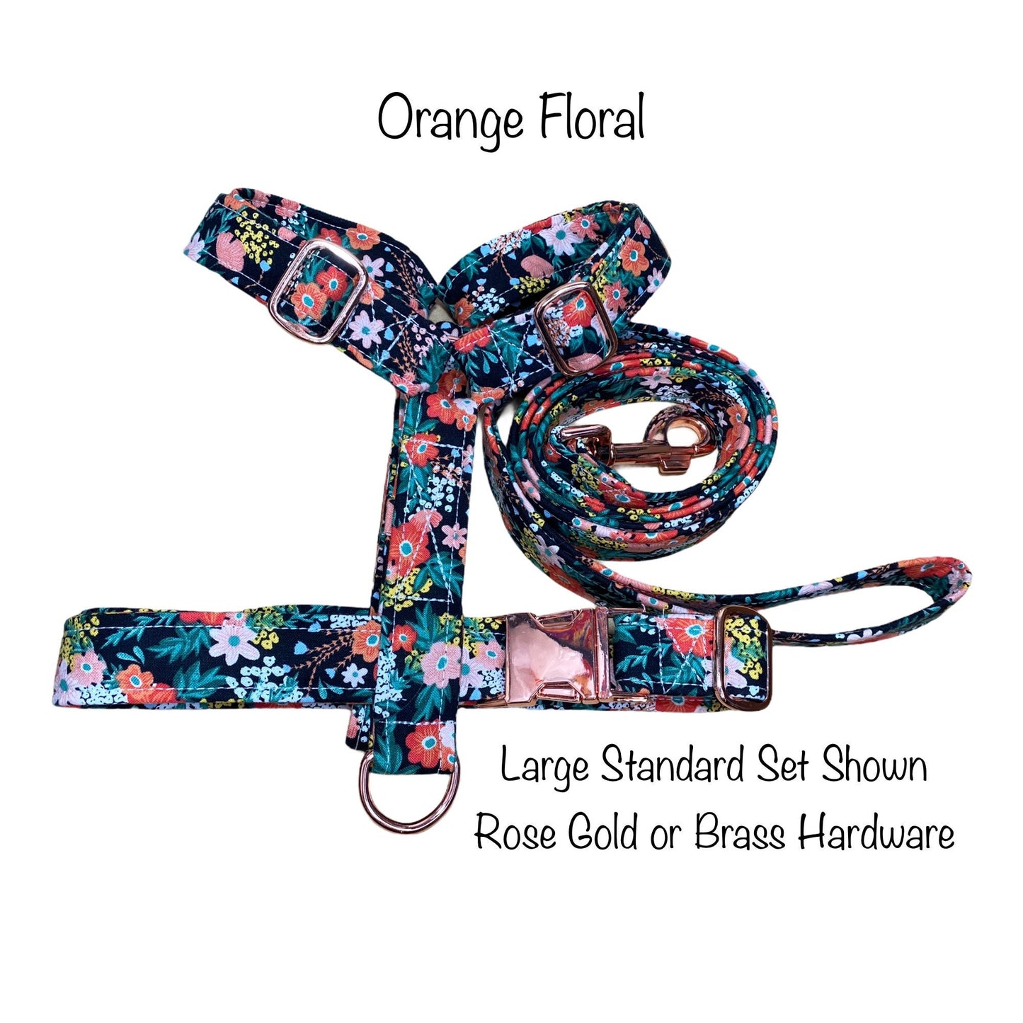 Floral dog harness and leash set, rose gold, brass, orange, black, step in dog harness, standard Roman harness, adjustable, washable, soft