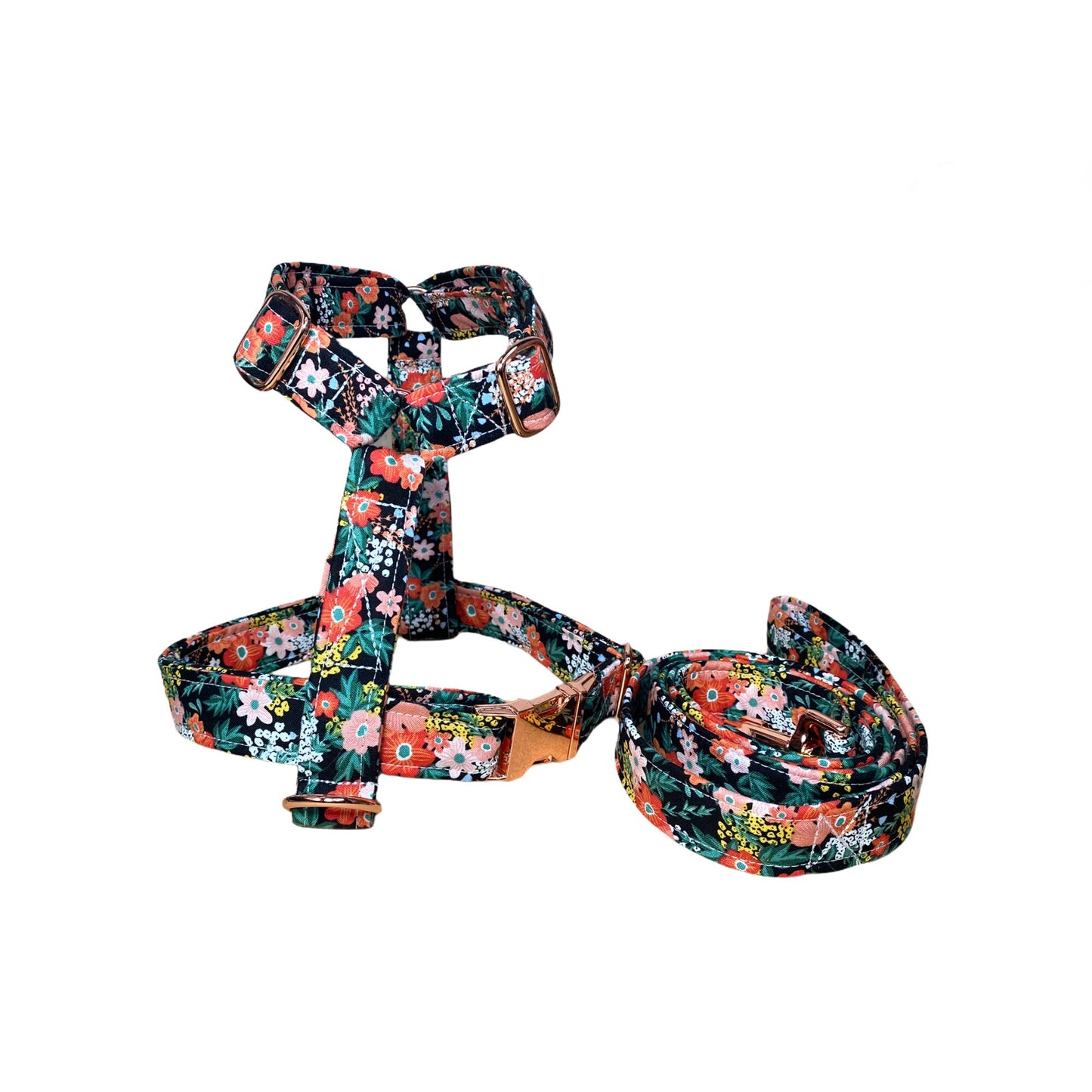 Floral dog harness and leash set, rose gold, brass, orange, black, step in dog harness, standard Roman harness, adjustable, washable, soft