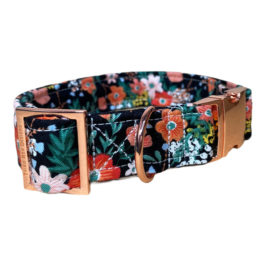 Black and orange floral dog collar, brass, rose gold, side release collar, adjustable collar, washable, fabric dog collar, girl dog collar