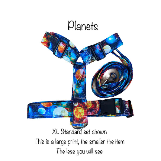Galaxy dog harness and leash set, planets, standard Roman dog harness, step in dog harness, adjustable dog harness, space, celestial, sci fi