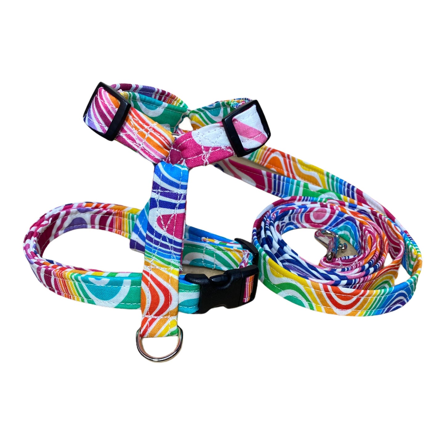 Psychedelic dog harness and leash set, standard Roman dog harness, step in dog harness, matching leash, rainbow, adjustable dog harness