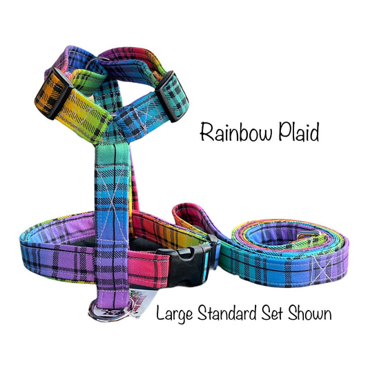 Rainbow plaid dog harness and leash set, step in harness, standard Roman harness, adjustable dog harness, matching leash, rainbow, plaid