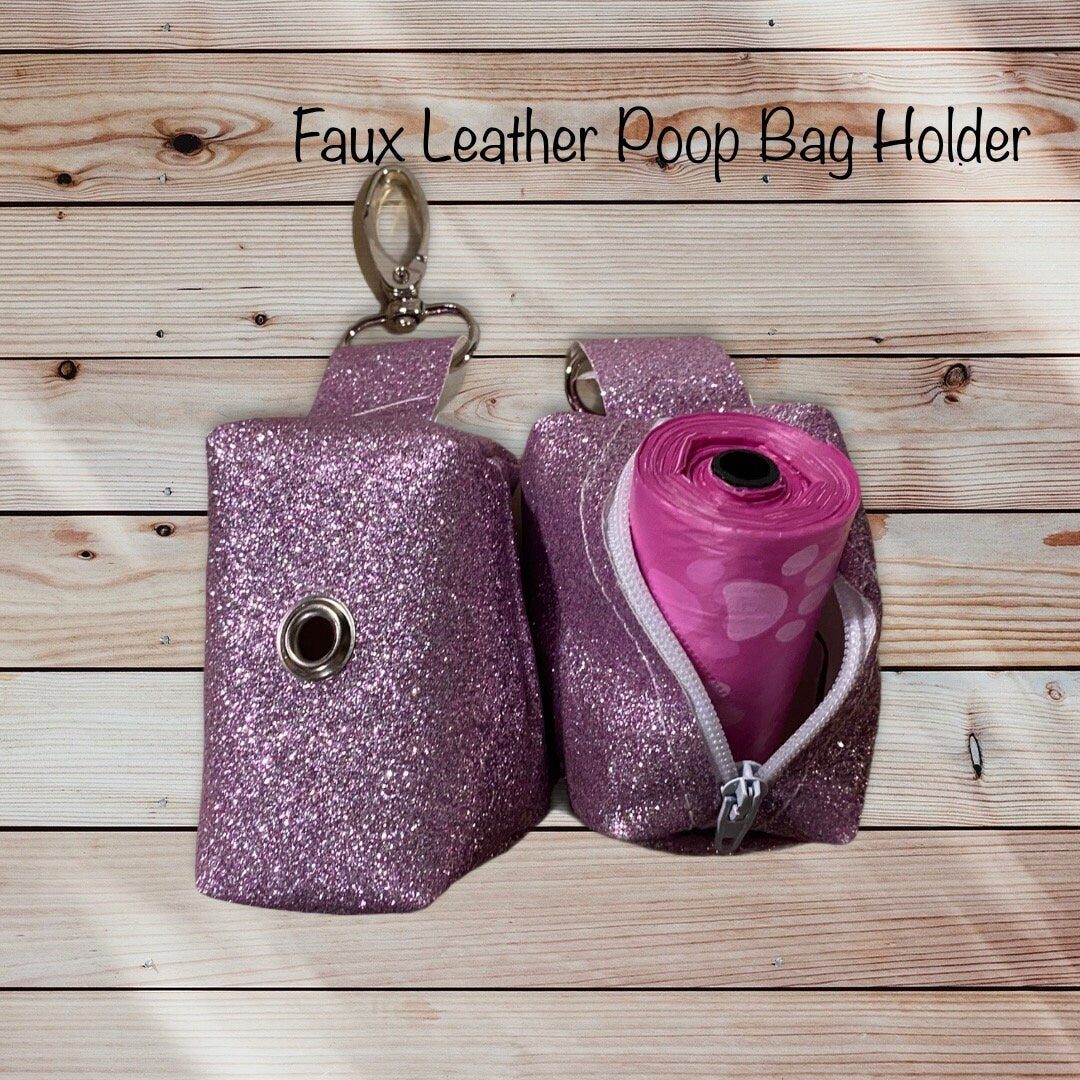 Pink sparkle Dog poop bag holder, dog waste bag holder, faux leather dog poop bag dispenser, dog waste bag dispenser, vegan leather poop bag