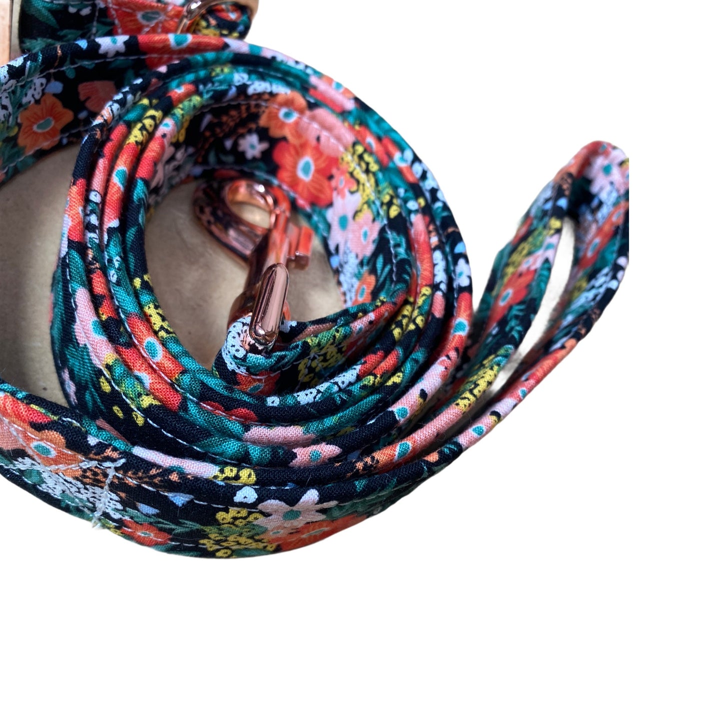 Floral dog harness and leash set, rose gold, brass, orange, black, step in dog harness, standard Roman harness, adjustable, washable, soft