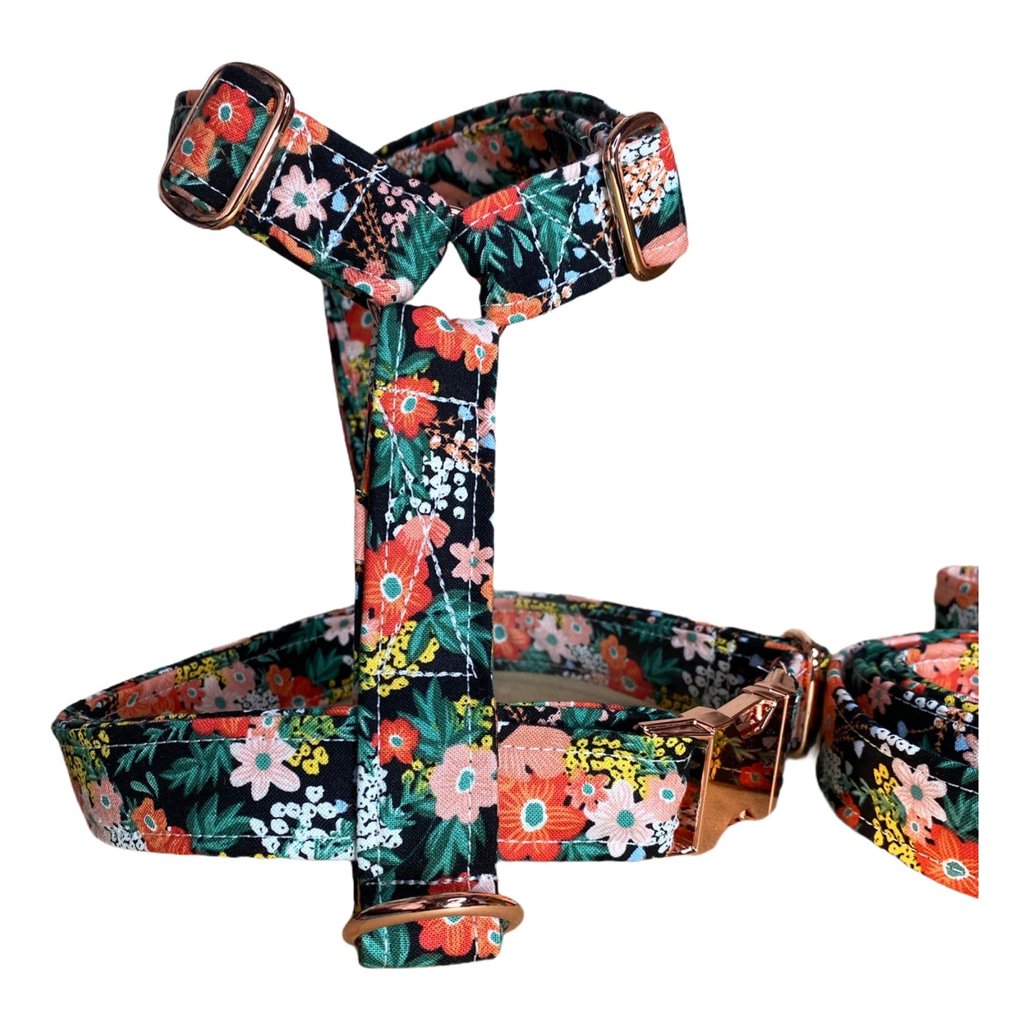 Floral dog harness and leash set, rose gold, brass, orange, black, step in dog harness, standard Roman harness, adjustable, washable, soft