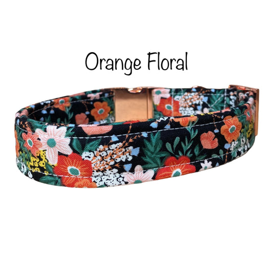 Black and orange floral dog collar, brass, rose gold, side release collar, adjustable collar, washable, fabric dog collar, girl dog collar