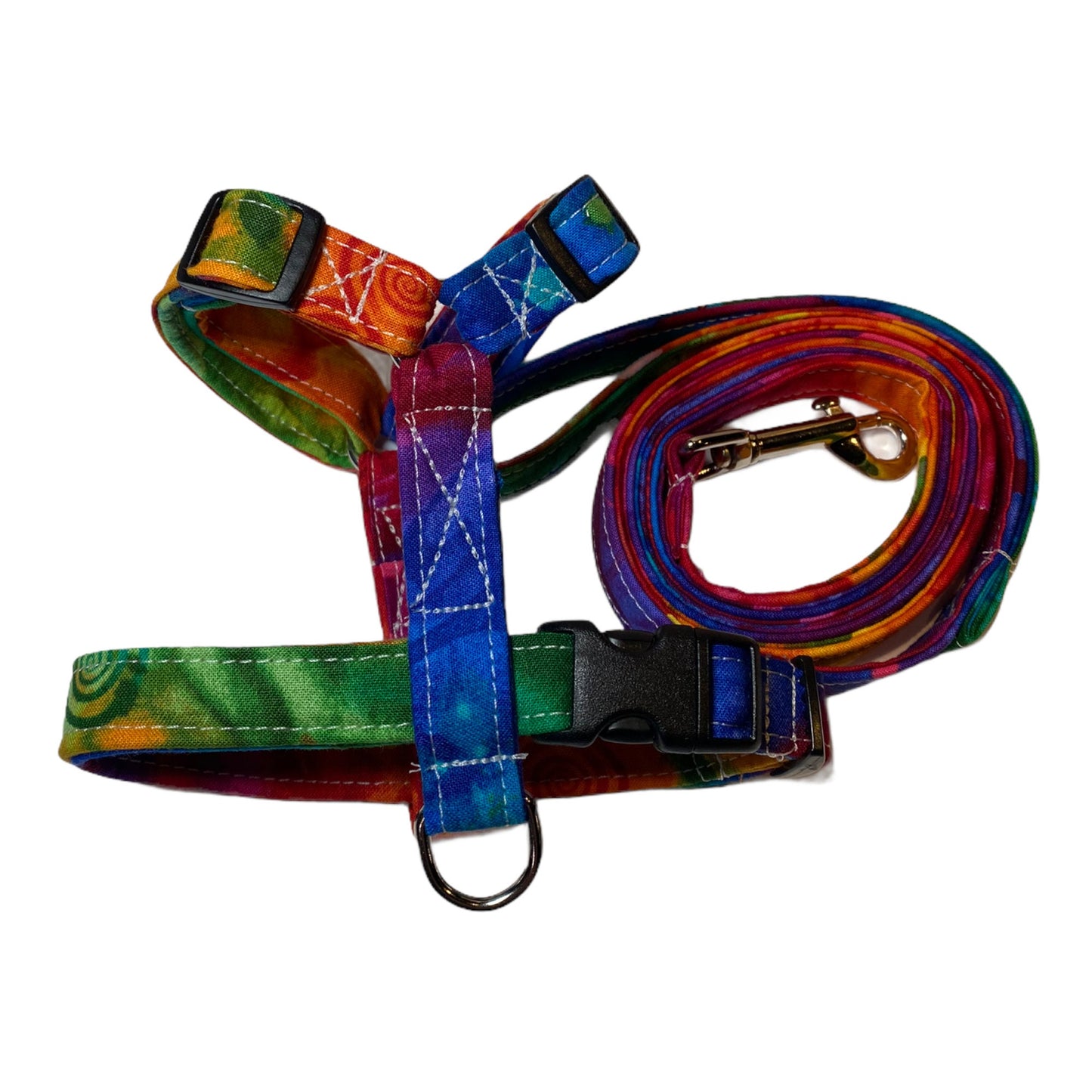 Watercolor dog harness and leash set, adjustable dog harness, standard Roman harness, step in harness, washable dog harness, rainbow, fabric