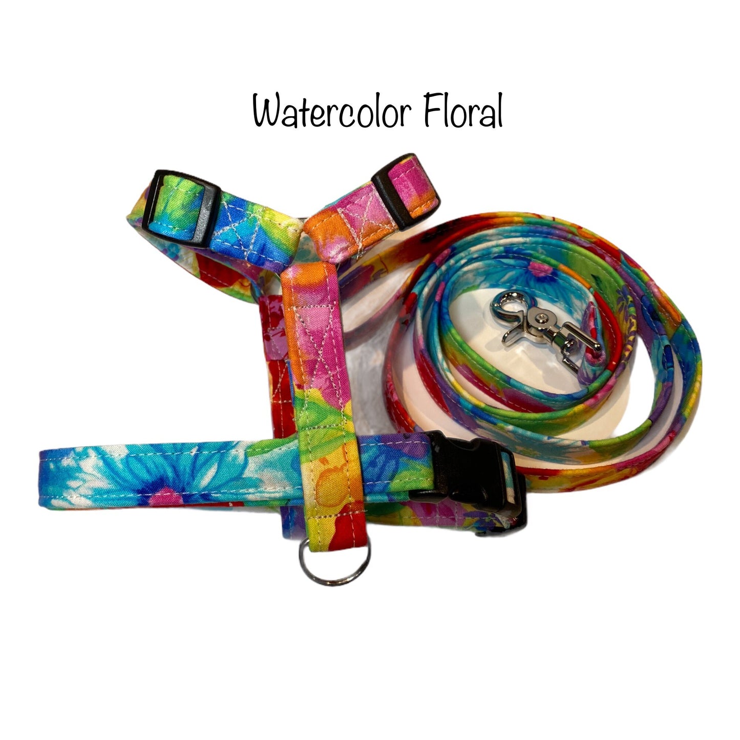 Watercolor floral dog harness and leash set, adjustable dog harness, standard Roman harness, step in harness, washable dog harness, rainbow