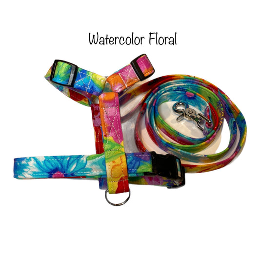 Watercolor floral dog harness and leash set, adjustable dog harness, standard Roman harness, step in harness, washable dog harness, rainbow