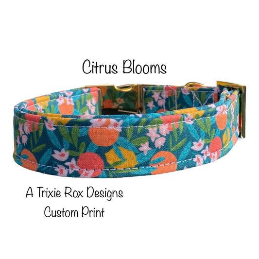 Floral dog collar, side release adjustable dog collar, washable, orange, lemon, floral, metal hardware, brass, rose gold, citrus floral