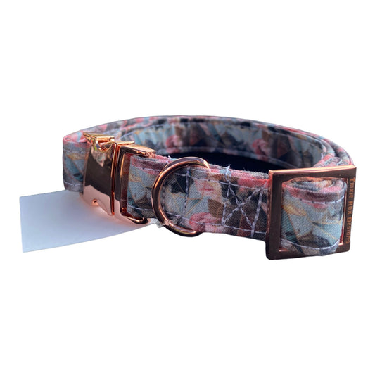 Dog Collar, adjustable collar, metal buckle, gray floral, floral dog collar, rose gold hardware, buckle dog collar, gray, rose gold, floral