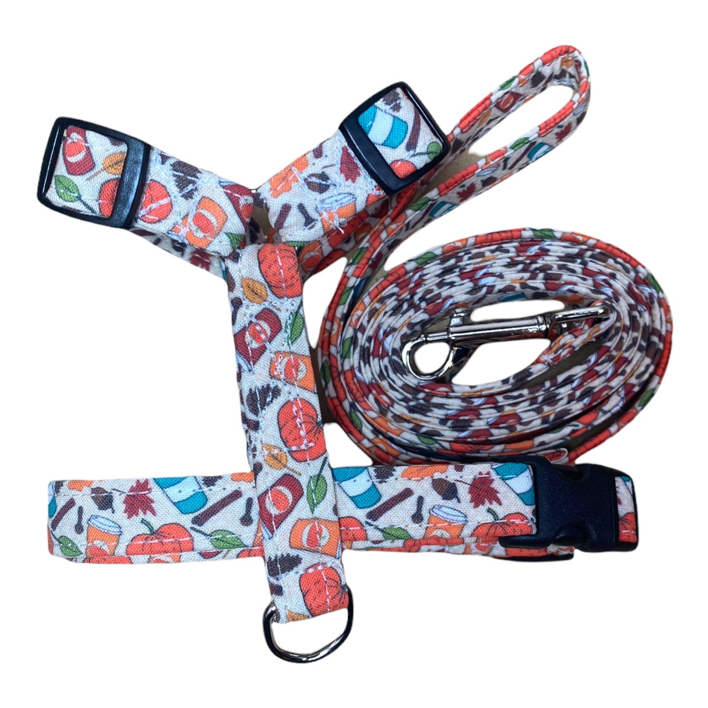 Pumpkin spice latte dog harness and matching leash set, standard Roman harness, step in harness, adjustable harness, washable dog harness