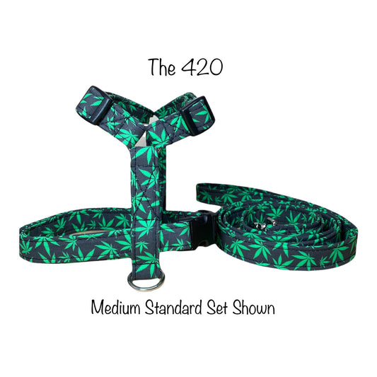 Weed dog harness and leash set, 420, marijuana, standard Roman harness, step in harness, adjustable dog harness, washable, green, black, dog