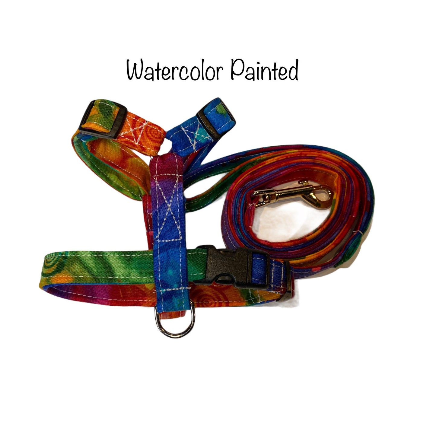 Watercolor dog harness and leash set, adjustable dog harness, standard Roman harness, step in harness, washable dog harness, rainbow, fabric