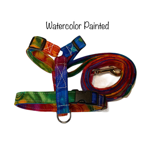 Watercolor dog harness and leash set, adjustable dog harness, standard Roman harness, step in harness, washable dog harness, rainbow, fabric