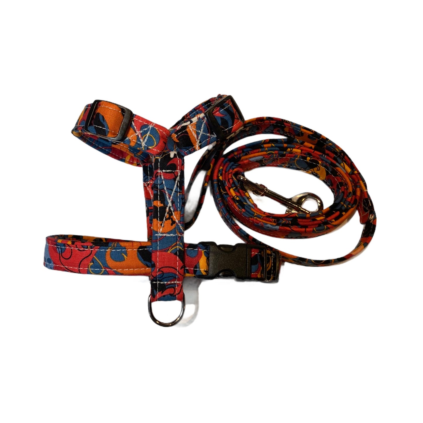Flames and skull dog harness and leash set, adjustable dog harness, standard Roman harness, step in harness, washable dog harness, red, gray