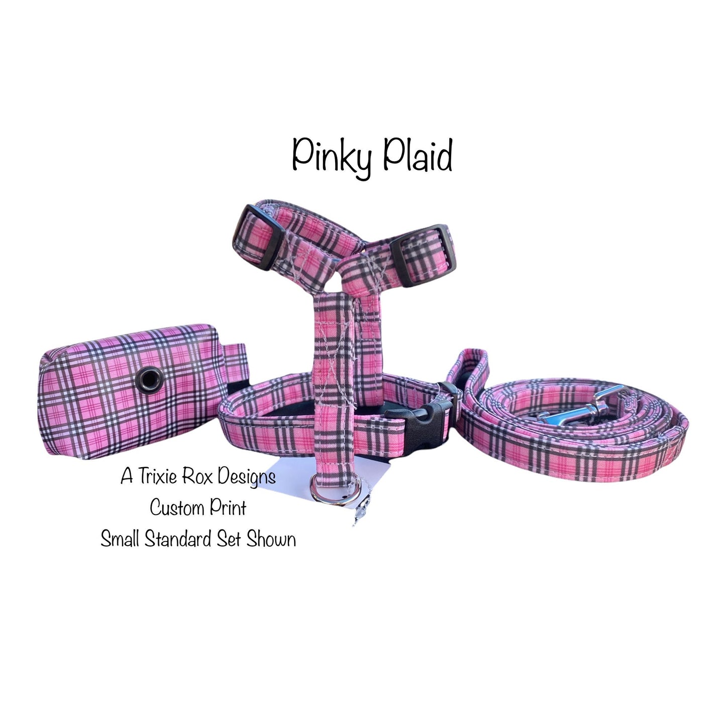 Pink plaid dog harness and leash set, matching poop bag dispenser, adjustable dog harness, step in dog harness, standard Roman dog harness