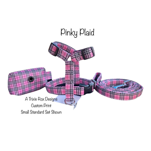 Pink plaid dog harness and leash set, matching poop bag dispenser, adjustable dog harness, step in dog harness, standard Roman dog harness