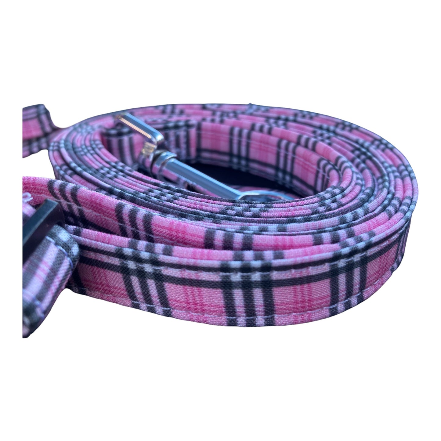Pink plaid dog harness and leash set, matching poop bag dispenser, adjustable dog harness, step in dog harness, standard Roman dog harness