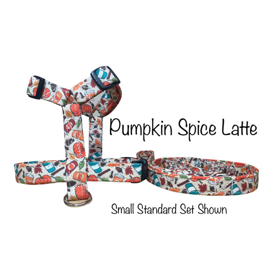 Pumpkin spice latte dog harness and matching leash set, standard Roman harness, step in harness, adjustable harness, washable dog harness