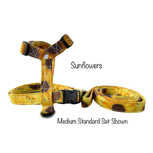 Sunflower dog harness and leash set, standard Roman dog harness, step in dog harness, adjustable, washable, fabric dog harness, yellow