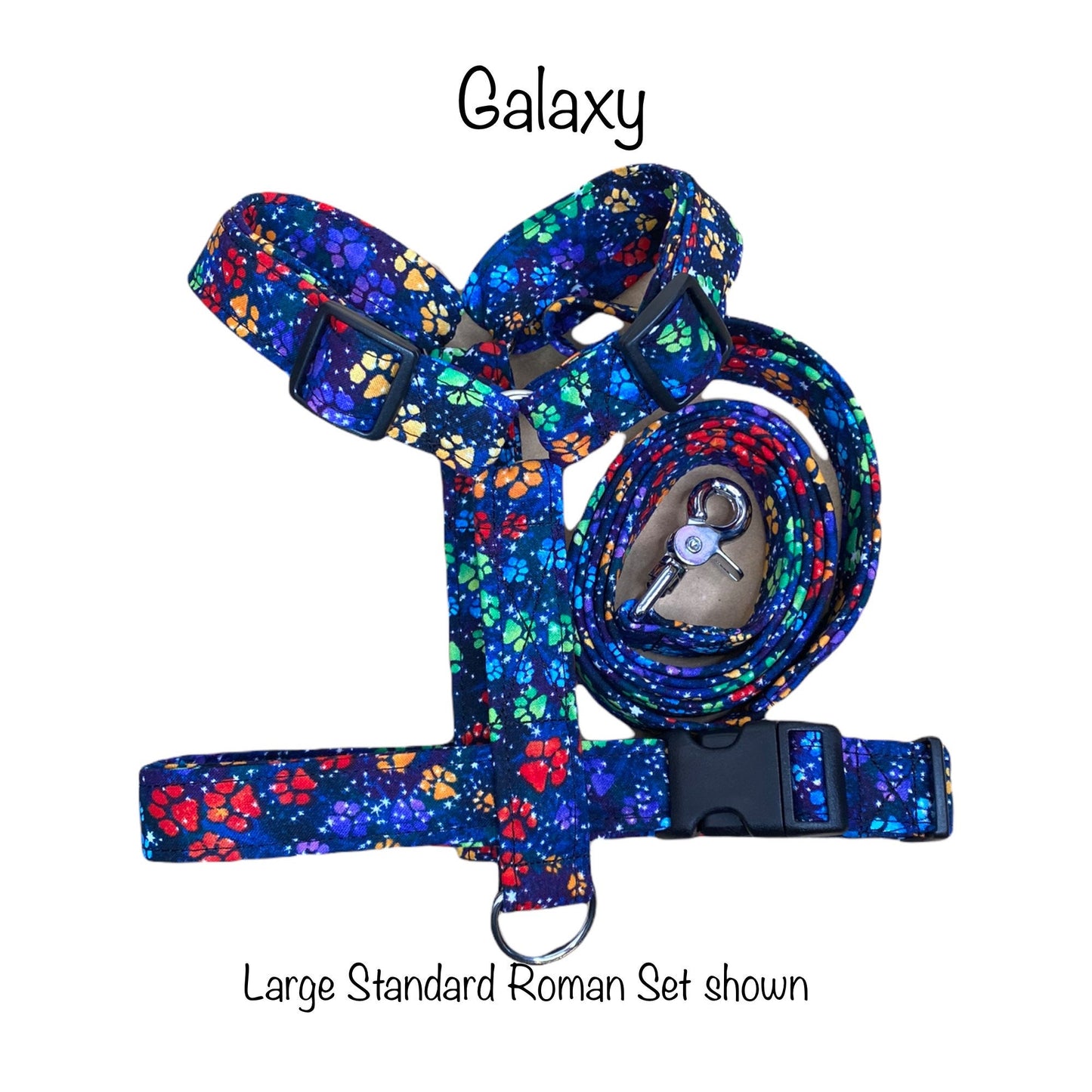 Galaxy dog harness and leash set, standard Roman dog harness, step in dog harness, adjustable dog harness, washable dog harness, celestial