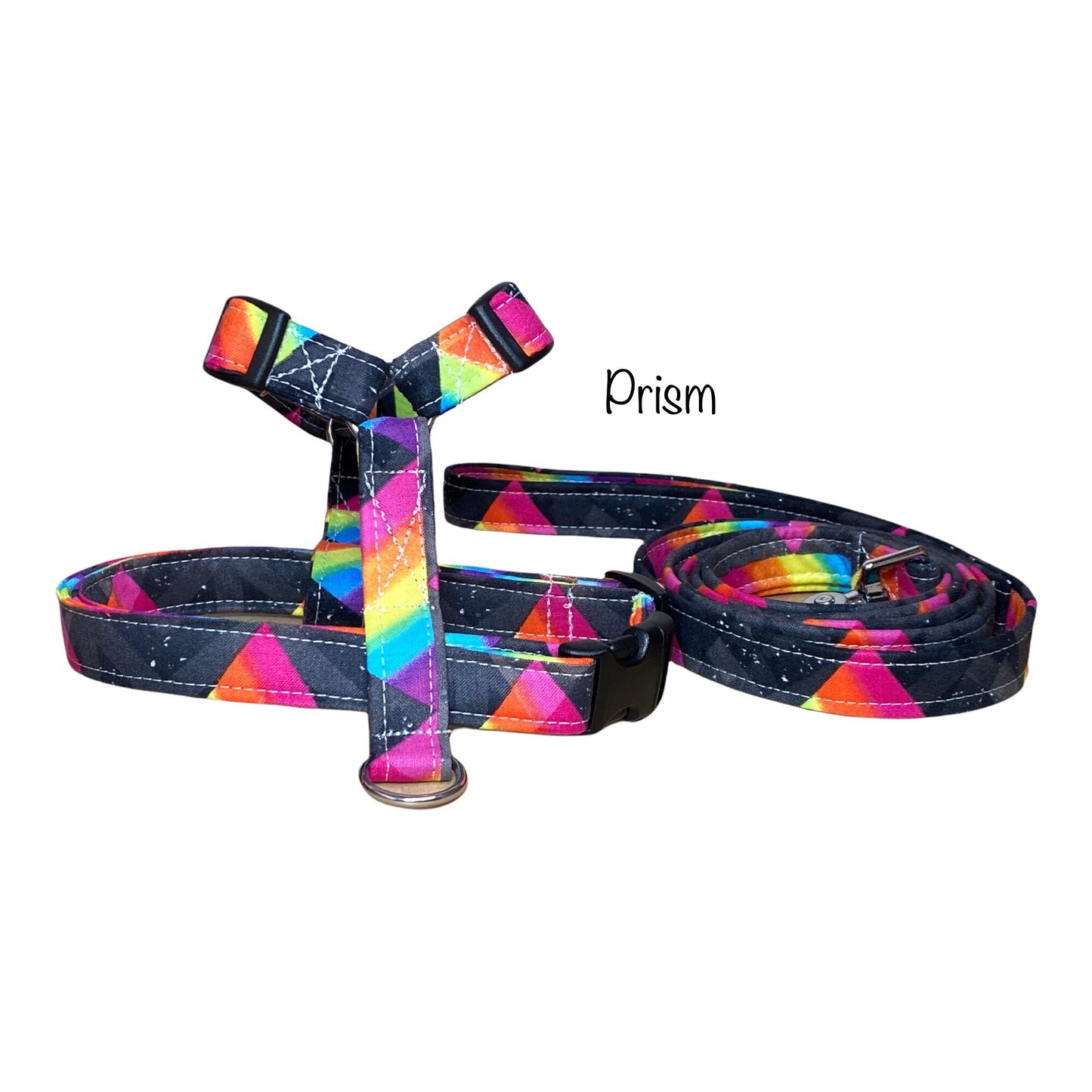 Rainbow dog harness and leash set, harness and leash set, adjustable, washable, step in harness, Roman dog harness, rainbow prism, fabric