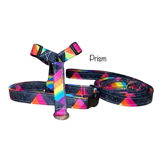 Rainbow dog harness and leash set, harness and leash set, adjustable, washable, step in harness, Roman dog harness, rainbow prism, fabric