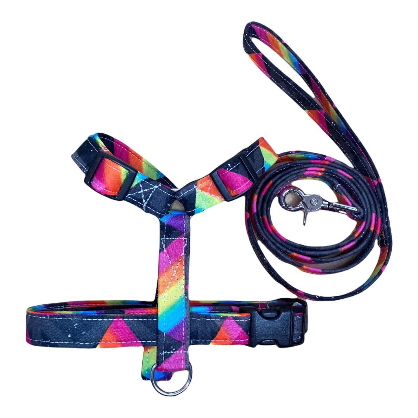 Rainbow dog harness and leash set, harness and leash set, adjustable, washable, step in harness, Roman dog harness, rainbow prism, fabric