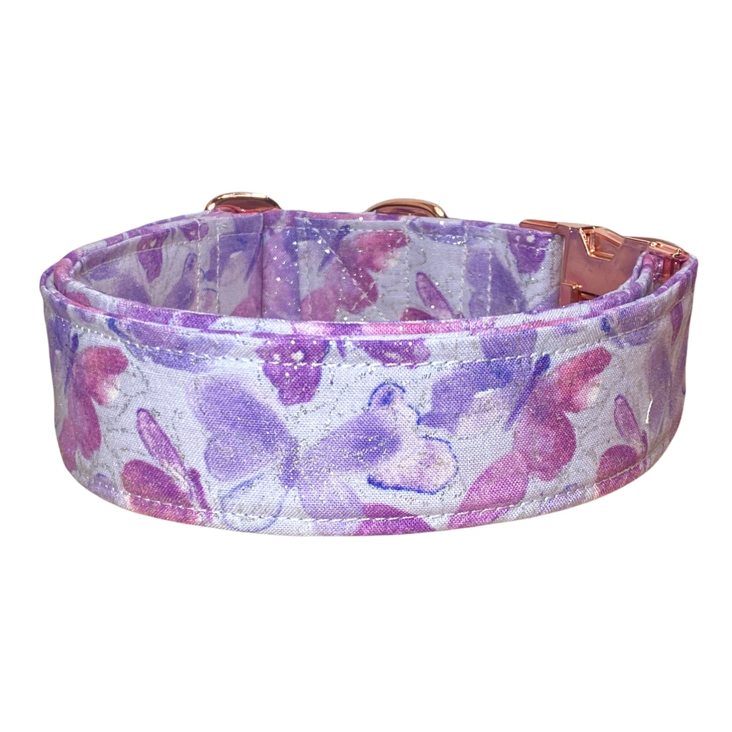 Butterfly dog collar, rose gold hardware, side release collar, adjustable collar, washable collar, purple butterflies, sparkles, dog collar