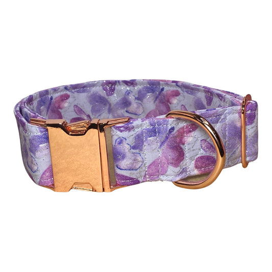 Butterfly dog collar, rose gold hardware, side release collar, adjustable collar, washable collar, purple butterflies, sparkles, dog collar