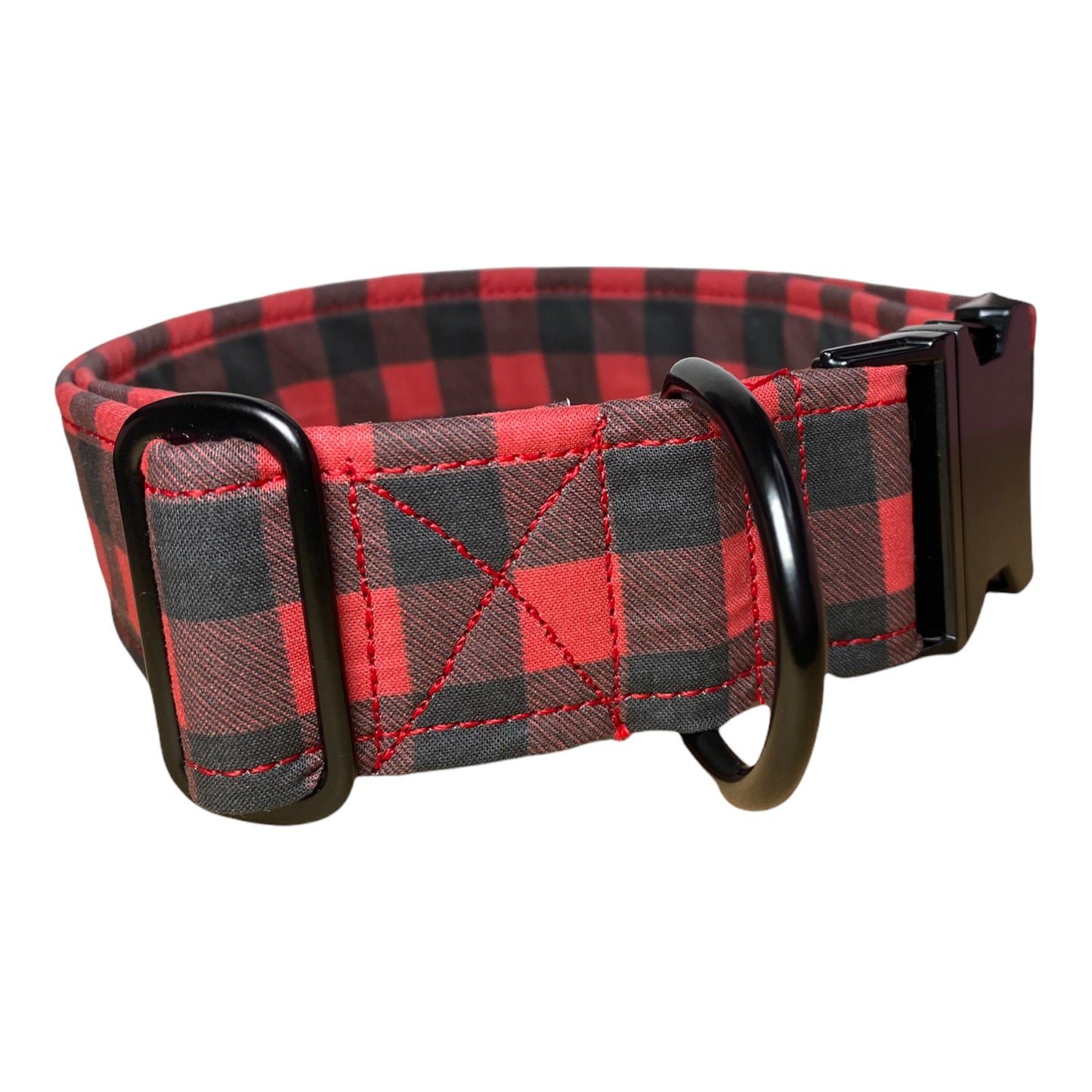 Buffalo Check Dog collar, buffalo plaid, metal hardware, adjustable dog collar, dog collar, side release collar, matte black, red, black