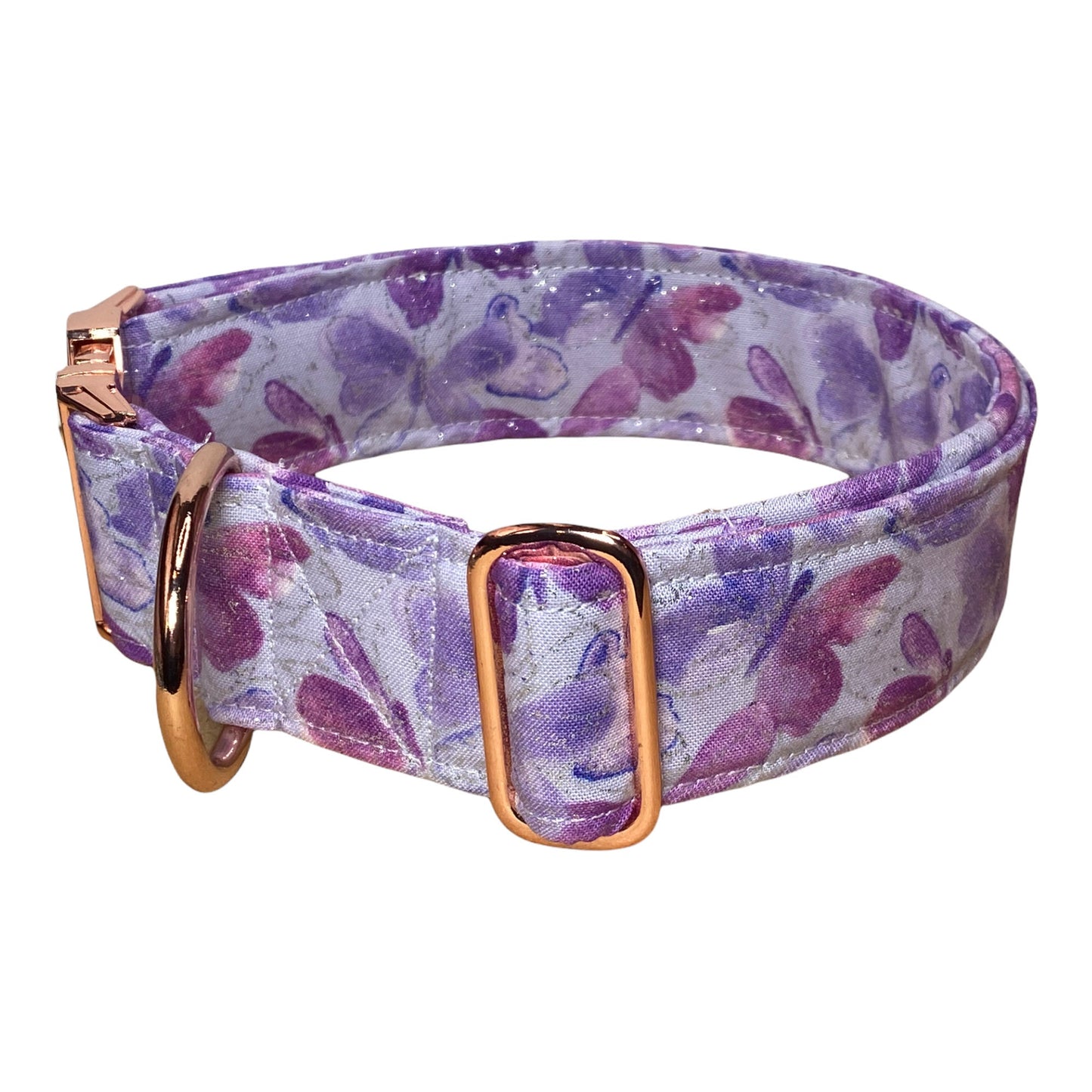 Butterfly dog collar, rose gold hardware, side release collar, adjustable collar, washable collar, purple butterflies, sparkles, dog collar