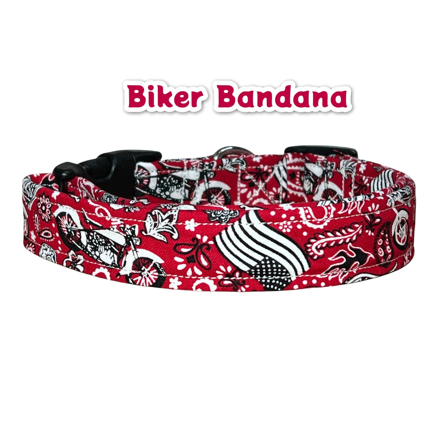 Motorcycle dog collar, bandana print, skull dog collar, adjustable collar, washable, side release collar, fabric dog collar, red, skulls
