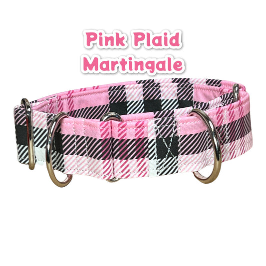 Plaid Martingale dog collar, adjustable martingale dog collar, choke collar, washable martingale collar, Pink Plaid, martingale collar girl