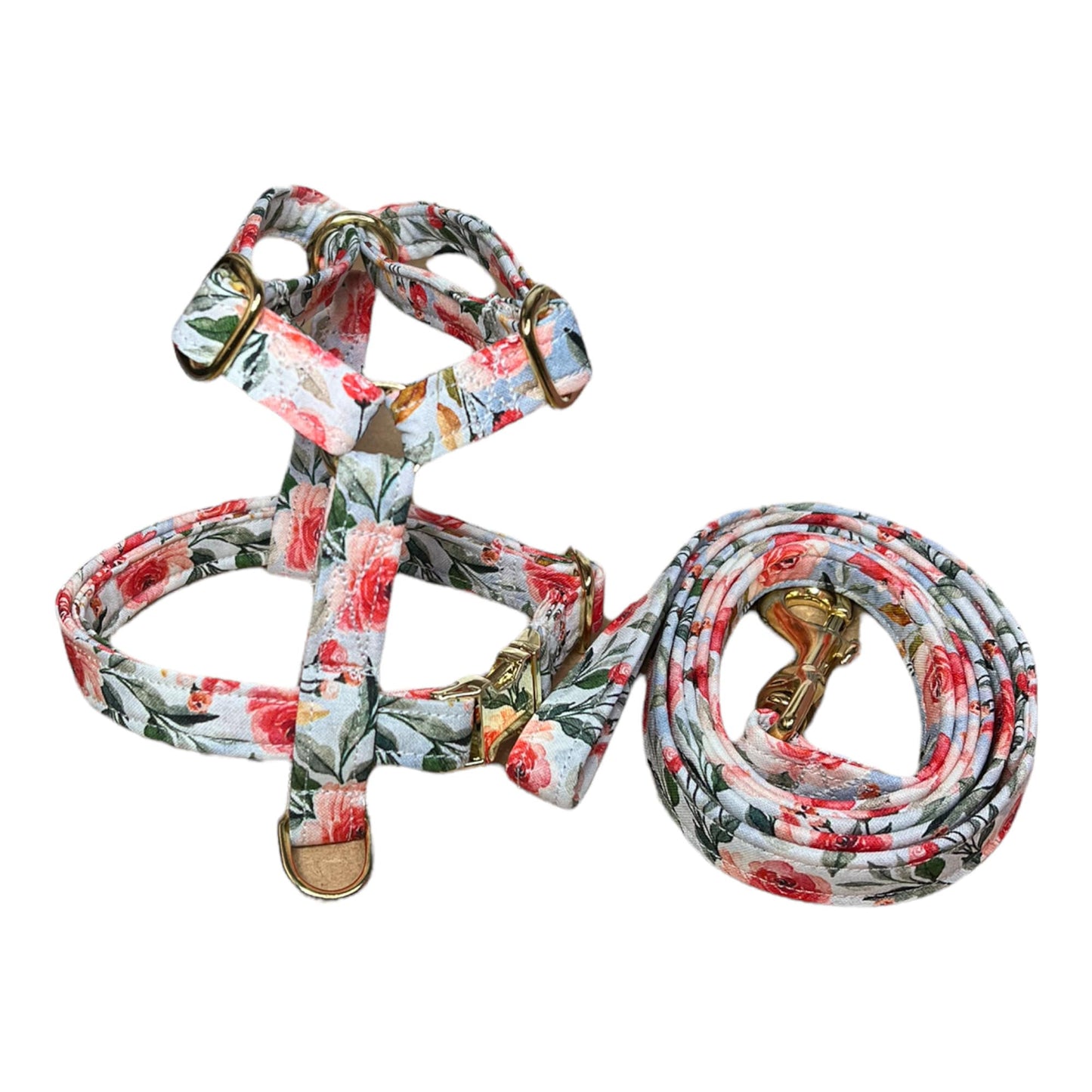 Floral dog harness and leash set, step in dog harness, matching leash, standard Roman harness, dog harness, floral dog harness, brass