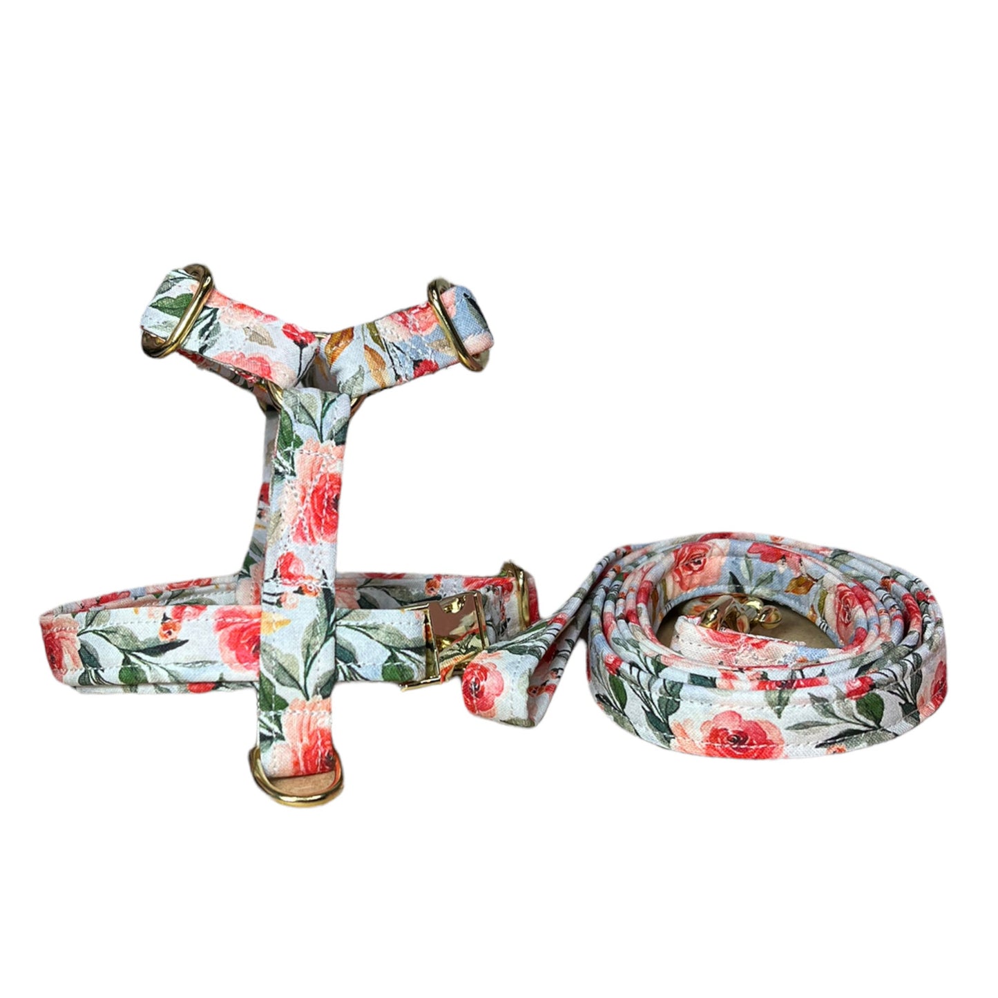 Floral dog harness and leash set, step in dog harness, matching leash, standard Roman harness, dog harness, floral dog harness, brass